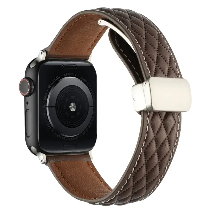 Rhombus Pattern Magnetic Folding Buckle Leather Watch Band for Watch Series 4 44 mm - Dark Coffee