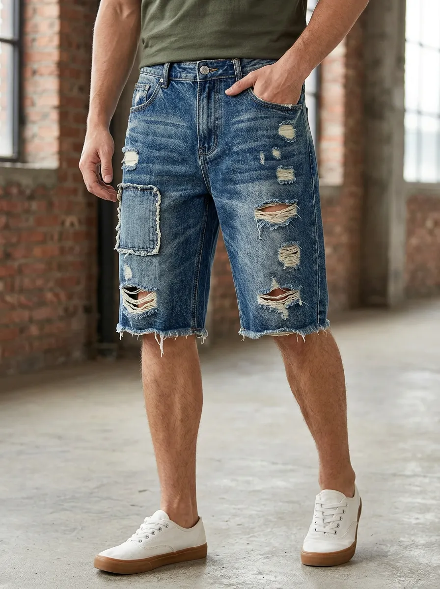 Men's Distressed Patchwork Raw Hem Denim Shorts