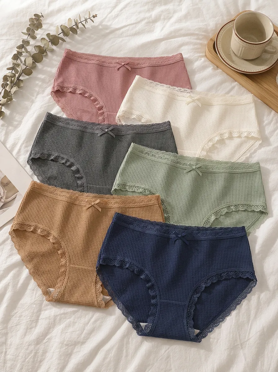 Women's Waffle Knit Lace Trim Bow Detail 6-Piece Underwear Set