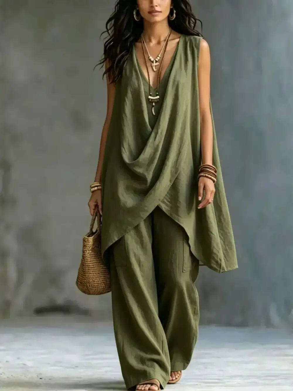Sleeveless Asymmetrical Top and Wide Leg Pants Set