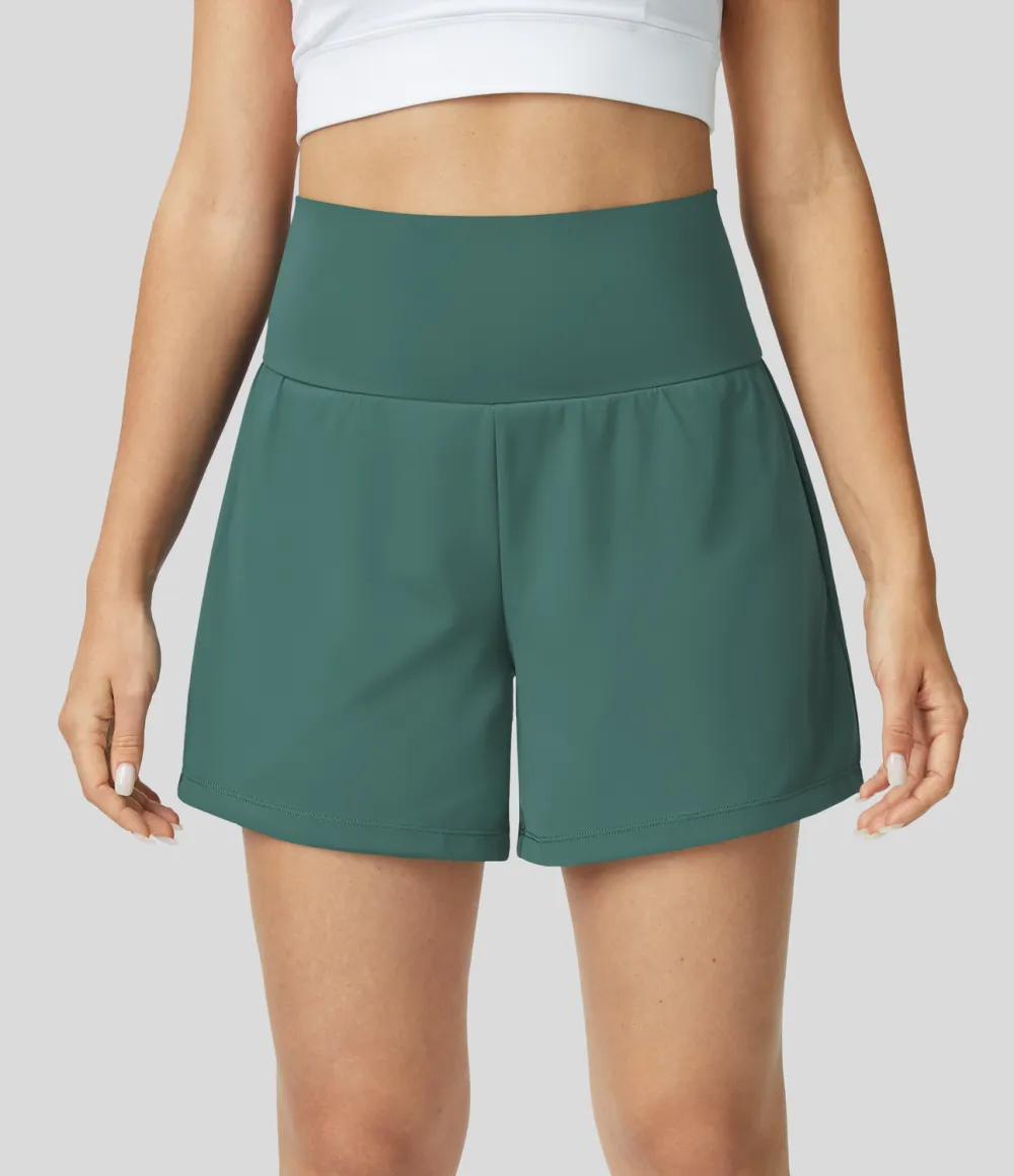 Super High Waisted Back Pocket & Side Hidden Pocket 2-in-1 Yoga Shorts 5''-Longer Length