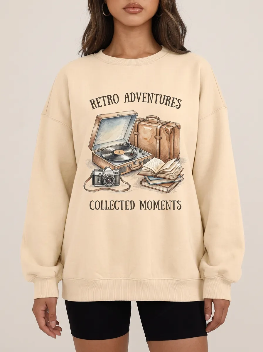 Women's Travel Lover Retro Adventures Record Camera Printed Sweatshirt