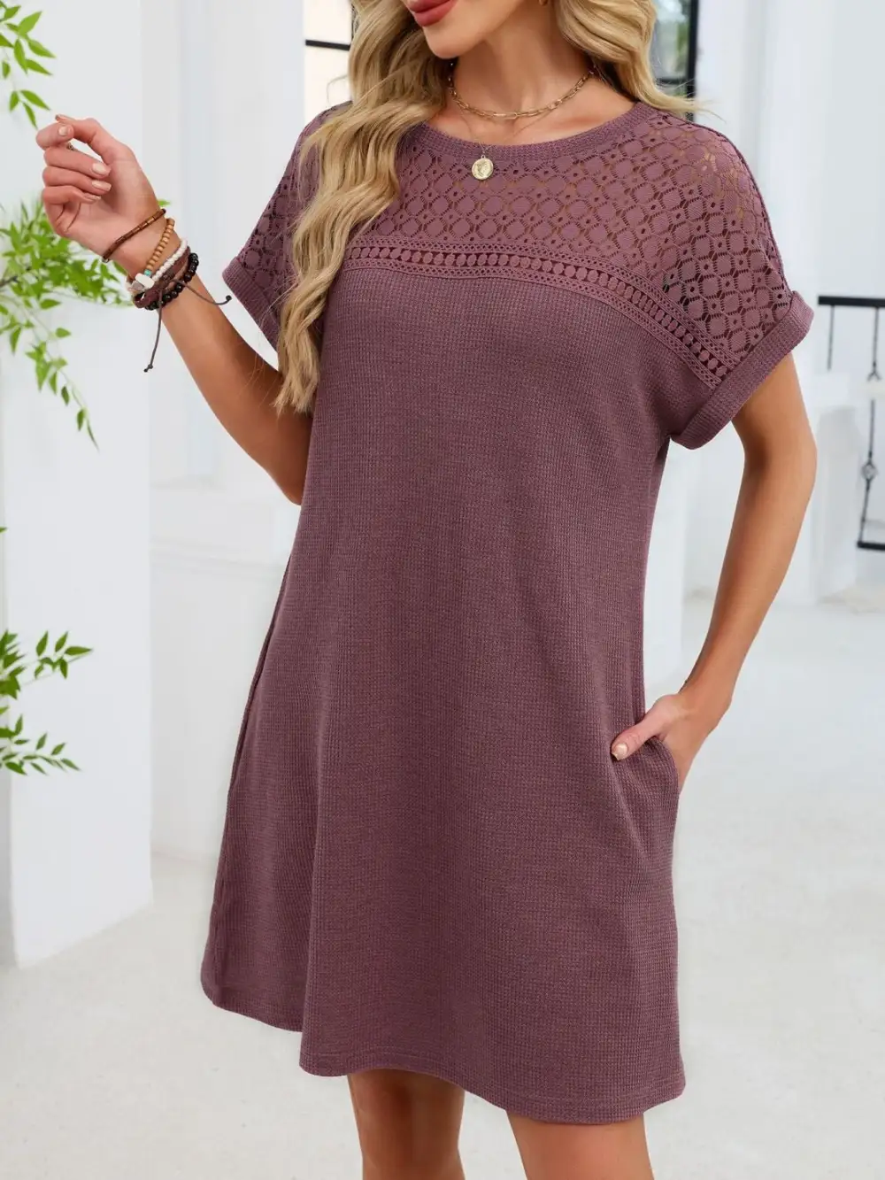 Lace Round Neck Short Sleeve Shirt Dress