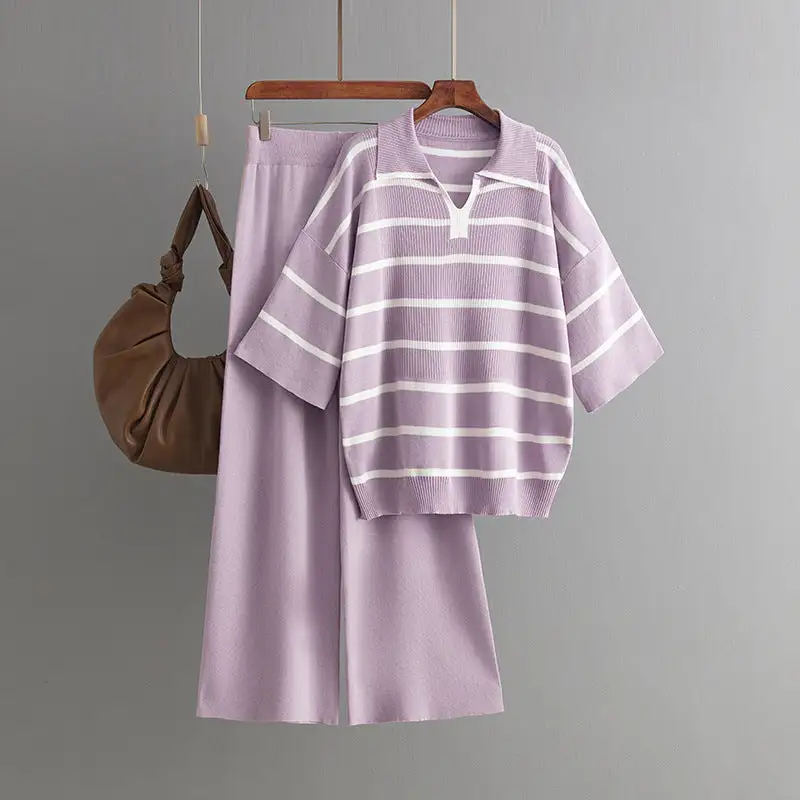 Stylish Striped Top & Solid Color Wide Leg Pants Two-Piece Set