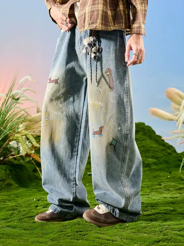 Playful Doodle Print Wide Leg Jeans