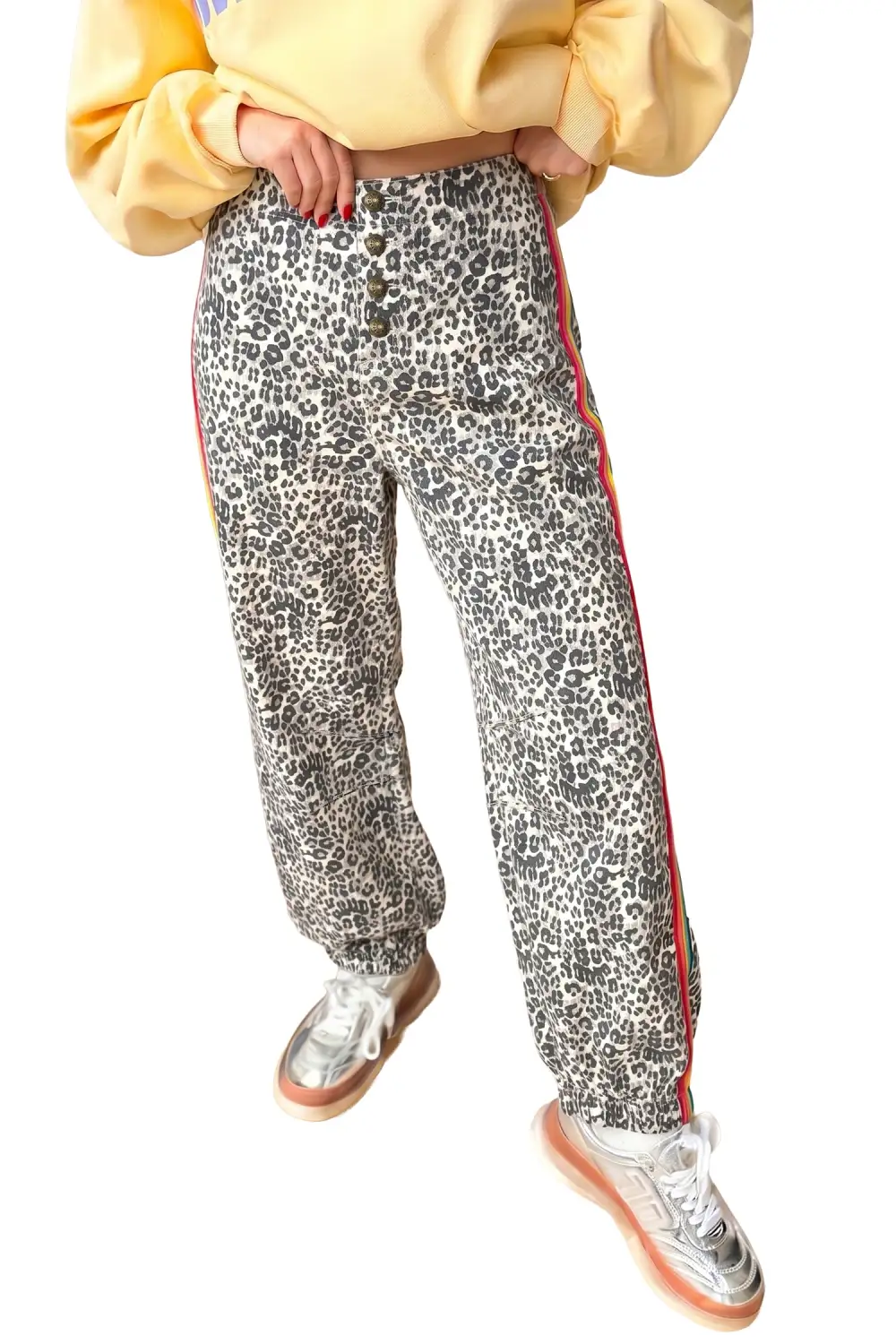 Women's Leopard Print Rainbow Striped Detail Buttoned Loose Jogger Jeans