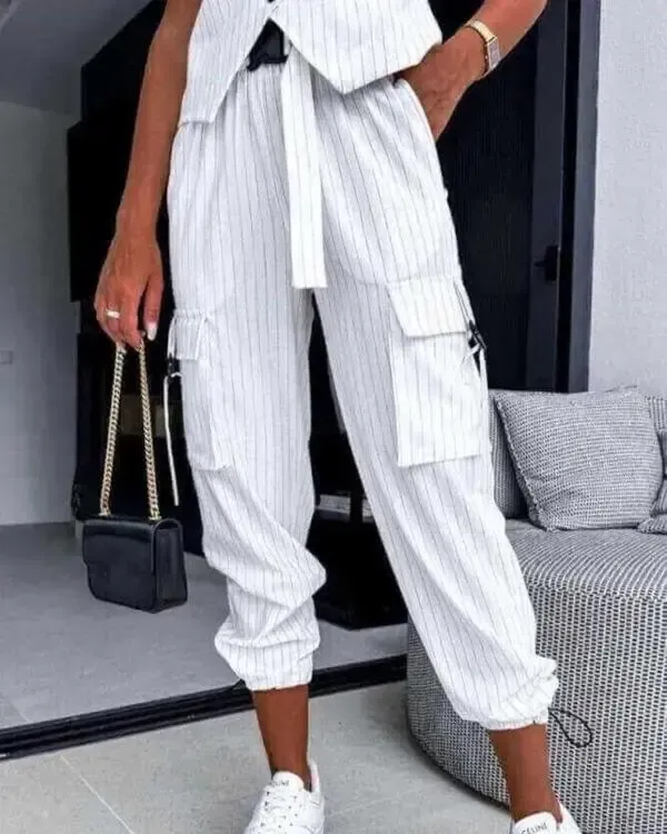 Women's Fashion Stripe Vests and Pocket Drawstring Pants Two-piece Set