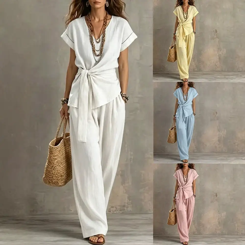Refined Short-Sleeve V-Neck Women's Matching Set