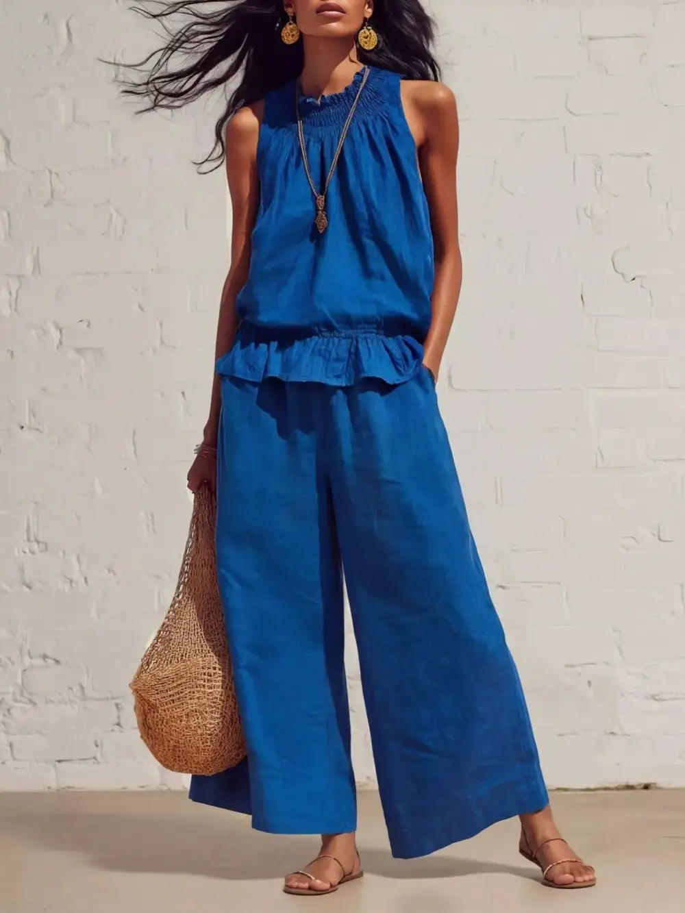 Smocked Ruffled Hem Top and Wide Leg Pants Set