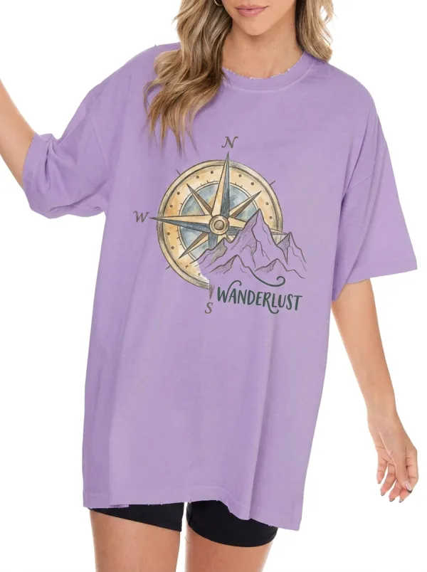Women's Wanderlust Travel Compass Mountain Printed T-shirt