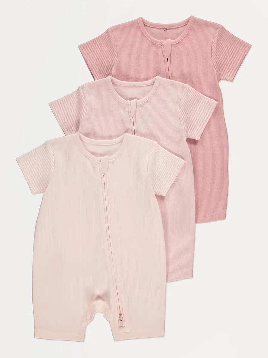 Pink Ribbed Zip Fasten Romper 3 Pack