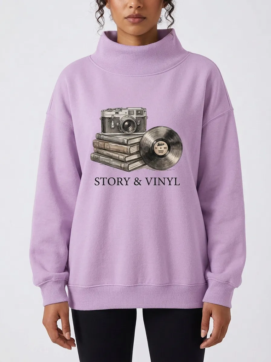 Women's Book Camera Vinyl Record Story Graphic Sweatshirt