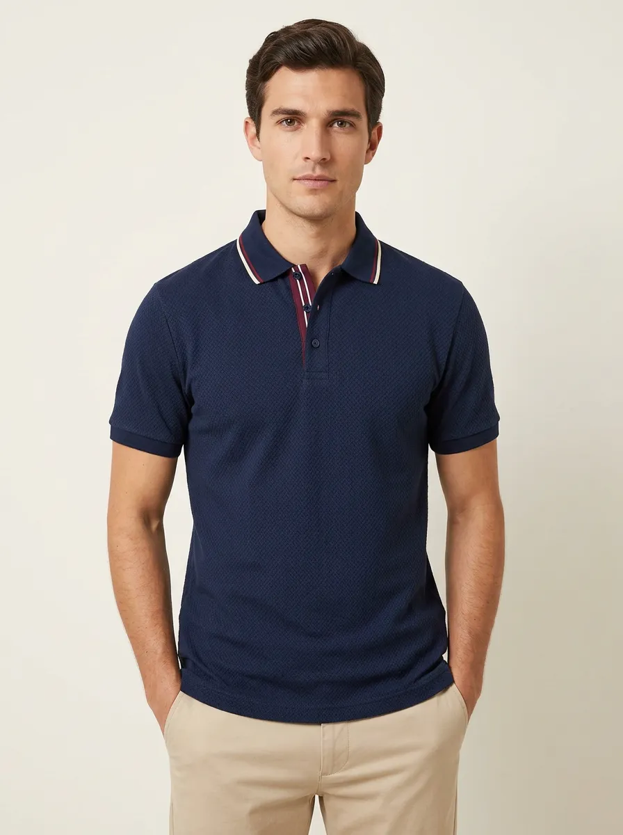 Men's Navy Textured Geometric Pattern Striped Collar Polo Shirt