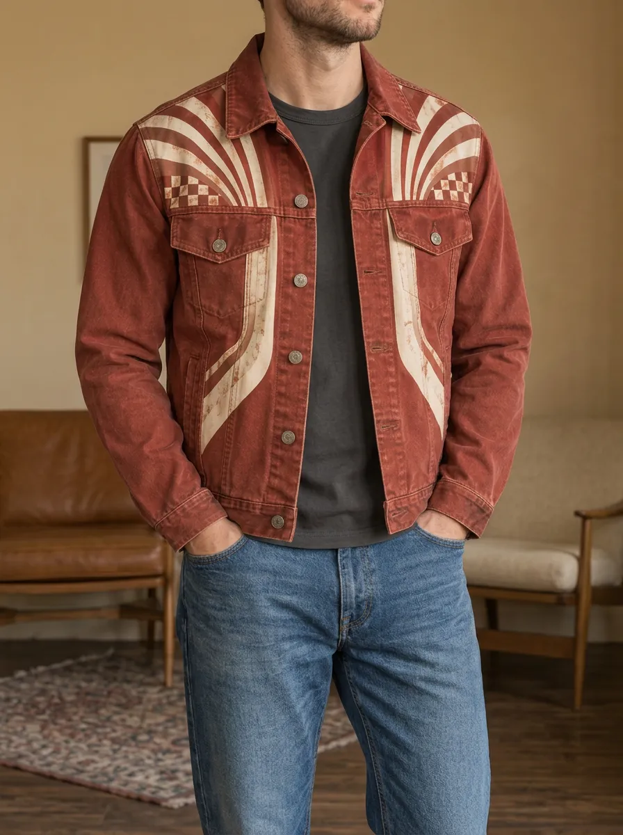 Men's Vintage Retro Stripe Checkerboard Denim Rugged Vista Jacket
