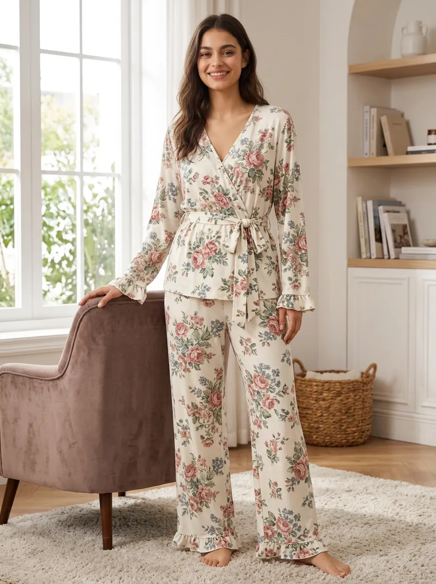 Women's Vintage Floral Wrap-Front Loungewear Set with Ruffled Hems