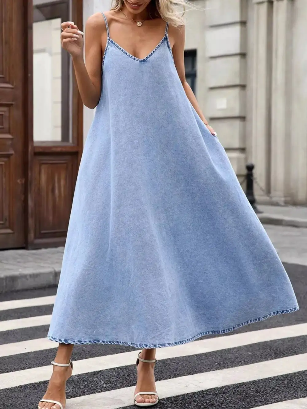 Denim V Neck Dress Casual