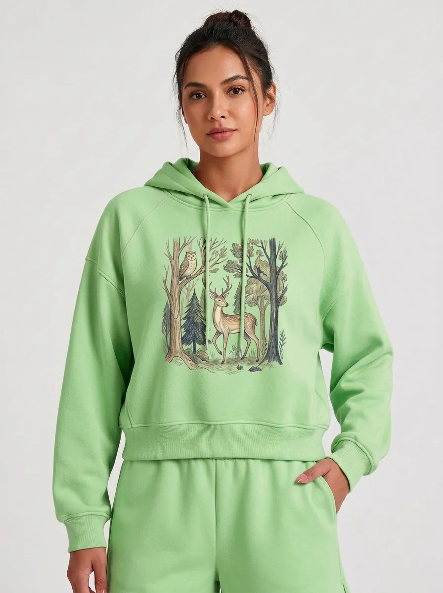 Women's Nature-Inspired Forest Deer Owl Printed Hoodie
