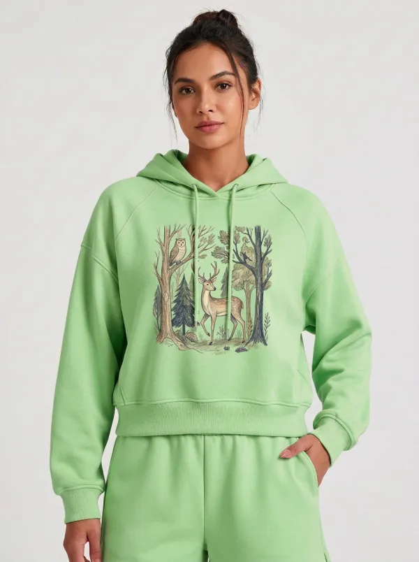 Women's Nature-Inspired Forest Deer Owl Printed Hoodie