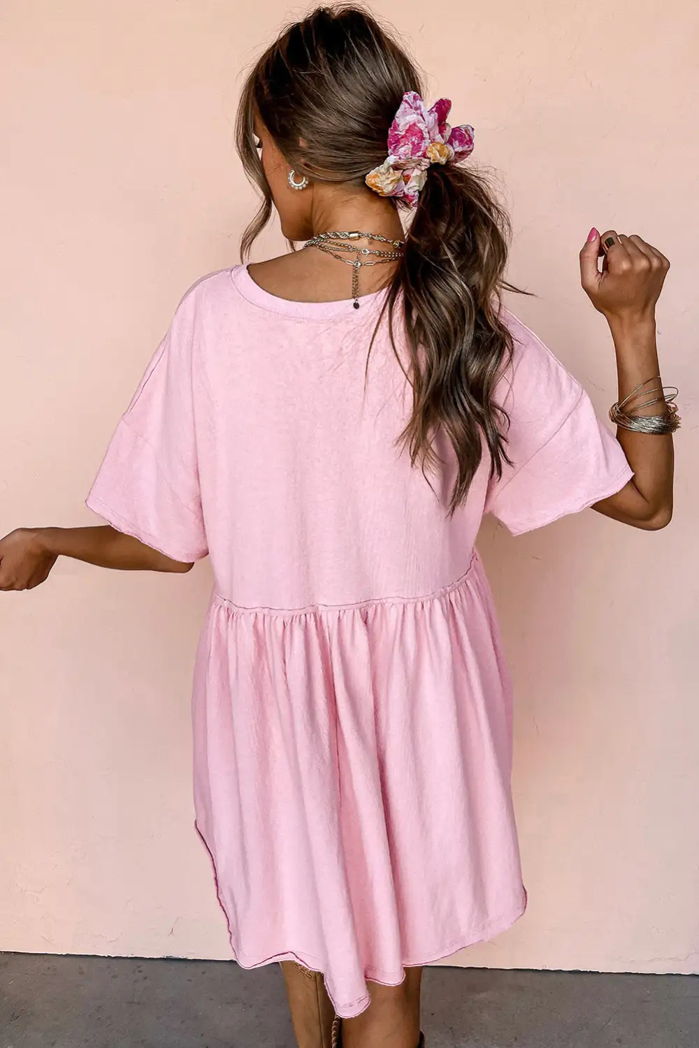 Classic Solid Color Pocketed Raw Edge Babydoll Dress