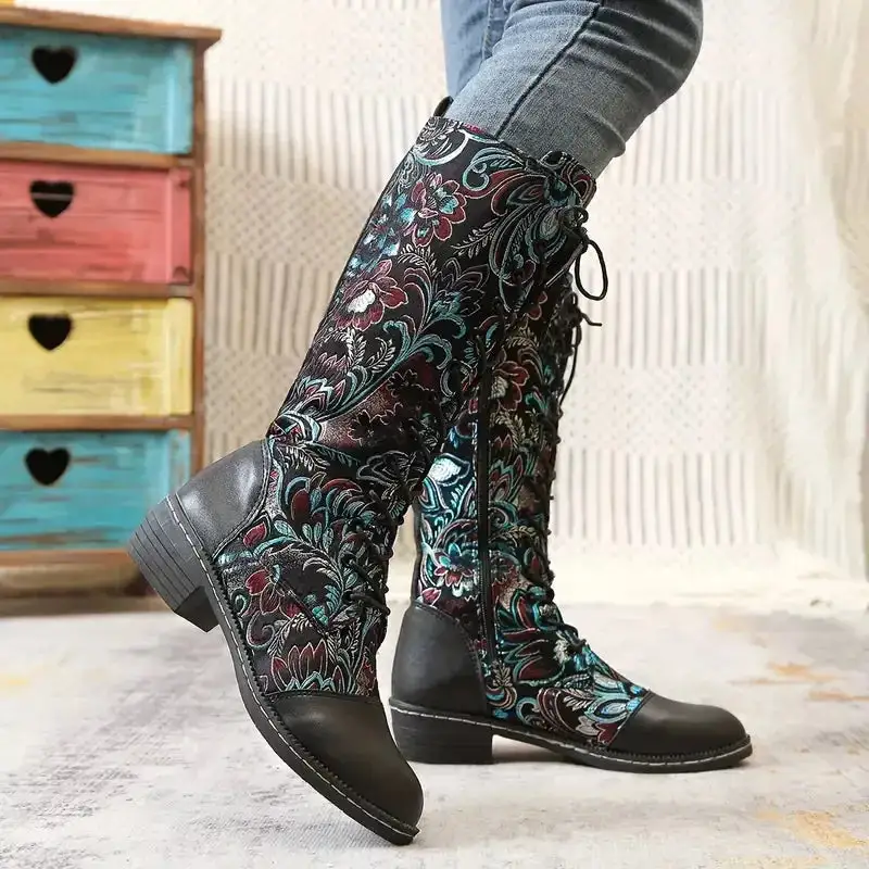 Embroidered Lace Up Knee High Boots