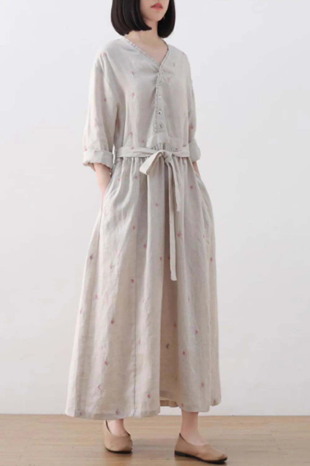 Floral Linen Ruffle Long Sleeve Midi Dress