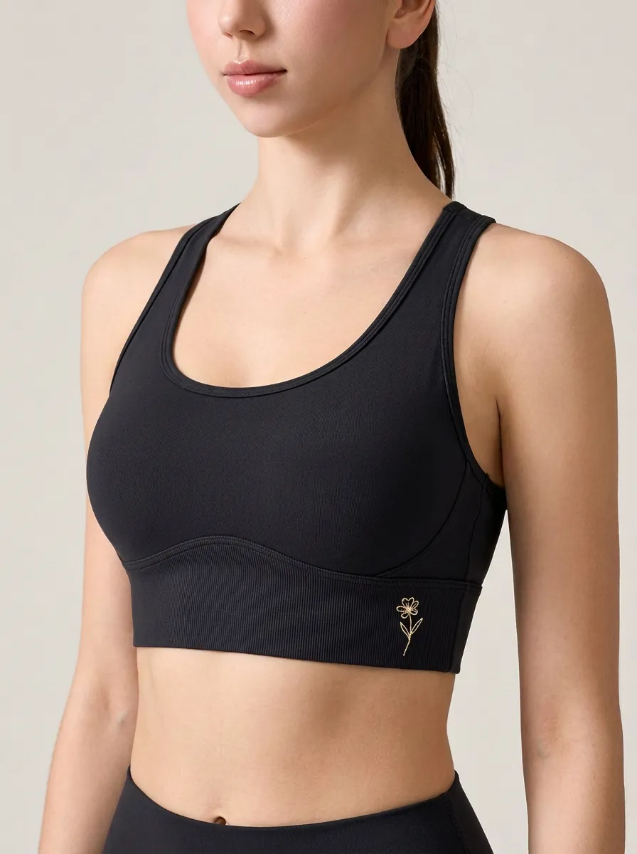 Women's Floral-Embroidered Scoop-Neck Racerback Ribbed Wide-Band Sports Bra