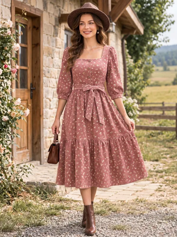 Women's Burgundy Vintage Cottagecore Burgundy Floral Corduroy High-Waist 3/4 Sleeve Midi Dress