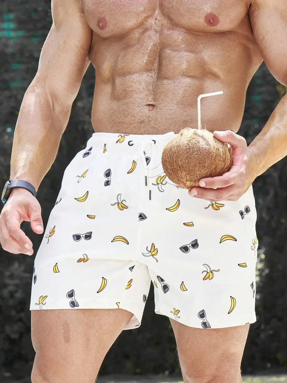Men's Coastal Banana Print Drawstring Swim Trunks