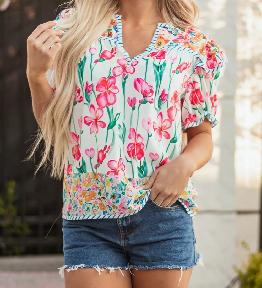 Softly Styled Striped Floral Short Sleeve Blouse
