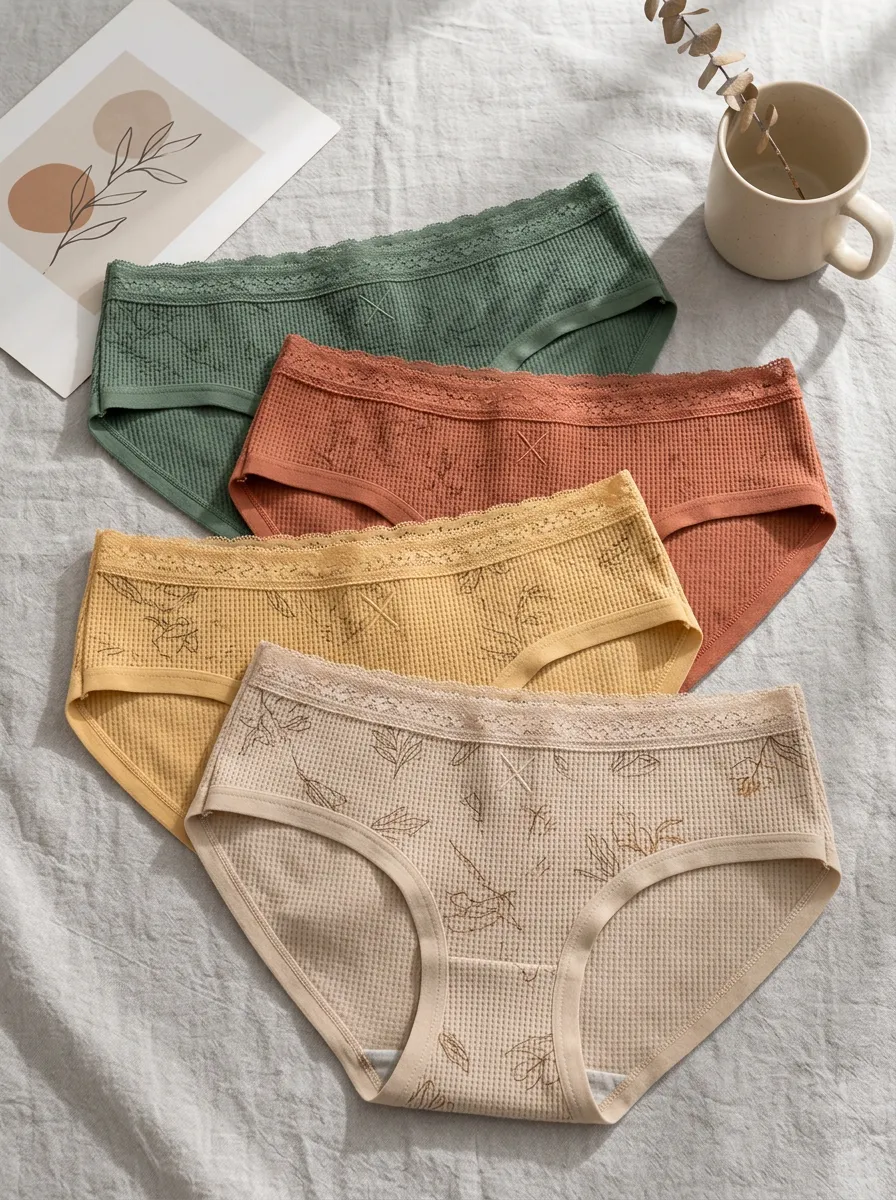 Women's Floral Waffle Knit Lace Trim Printed Panties Set