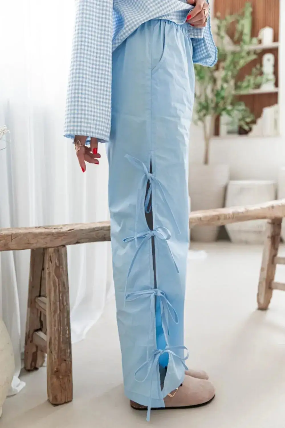 Tie Waist Pocketed Side Tie Slit Detail Pants