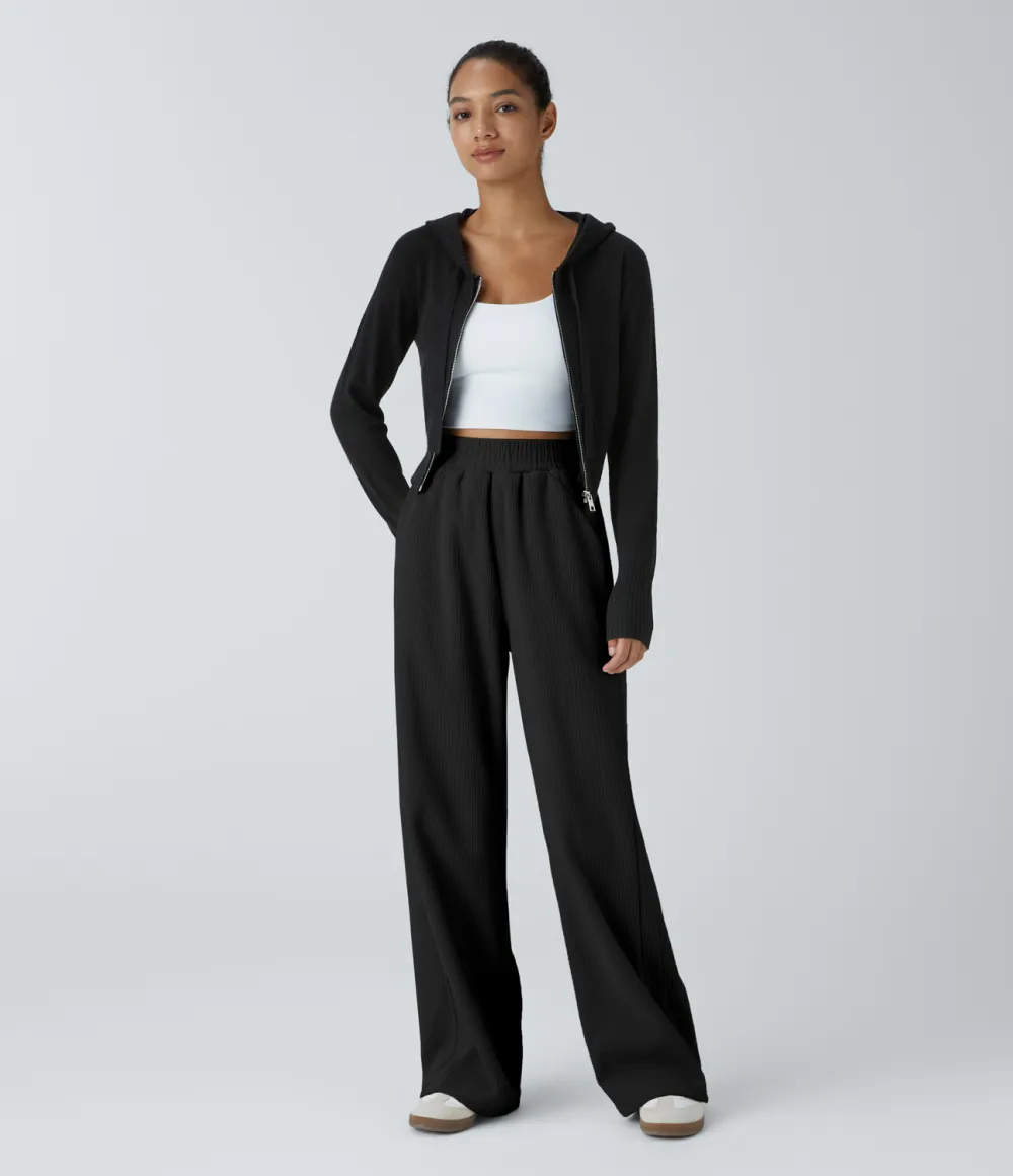 High Waisted Side Pocket Straight Leg Mop Corduroy Casual Pants