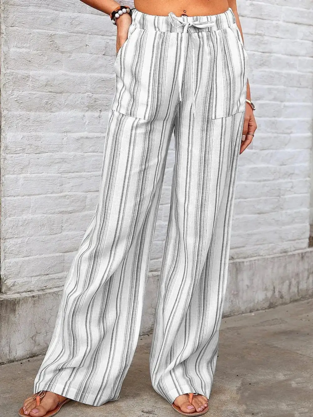 Wide Leg Striped Pocketed Pants