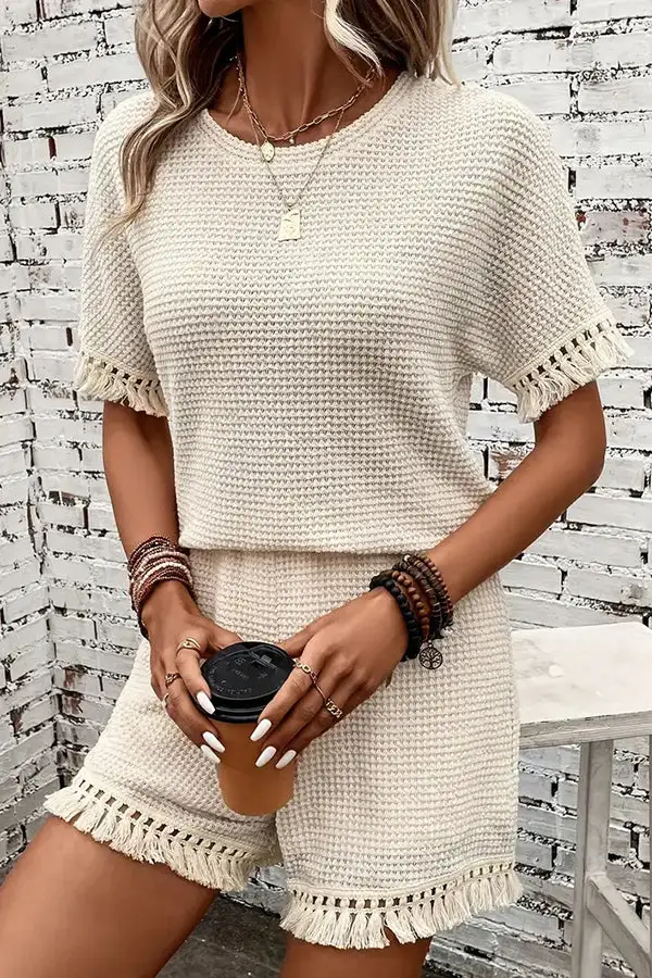 Color Round Neck Tassel Two Piece Set