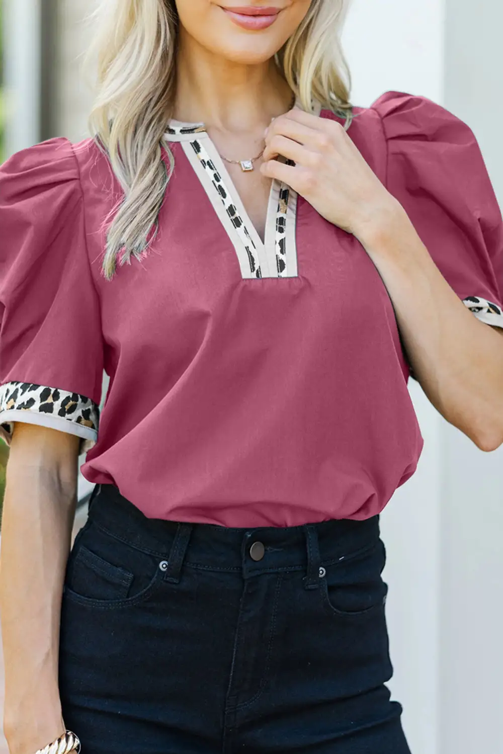 Leopard Print Puff Sleeve Split Neck Blouse