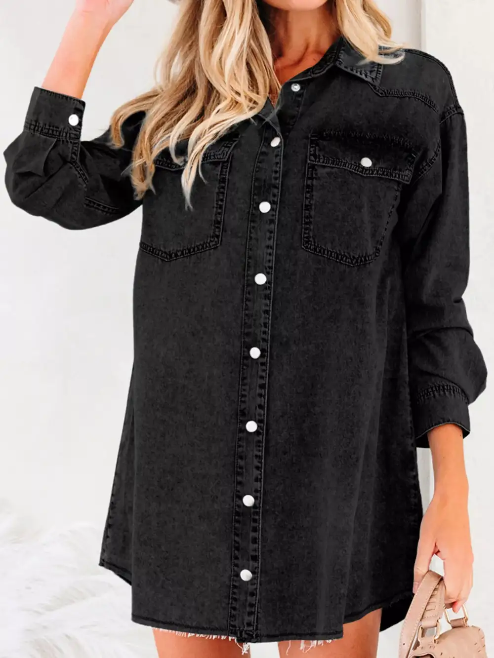Smooth Finish Denim Pocketed Shirt Dress