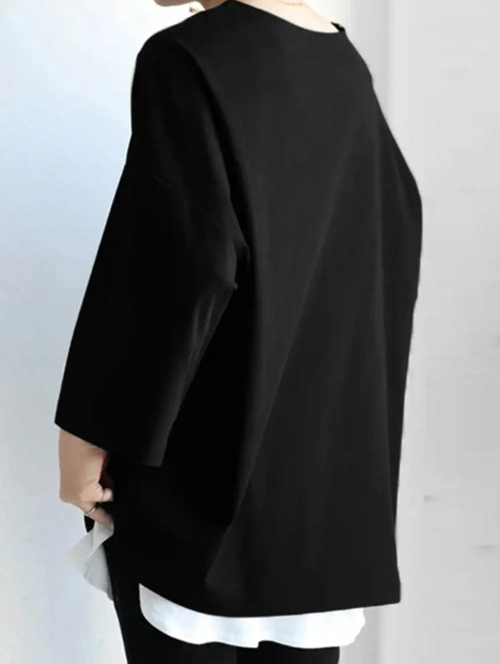 Round Neck Split Hem Long Sleeve Loose Top