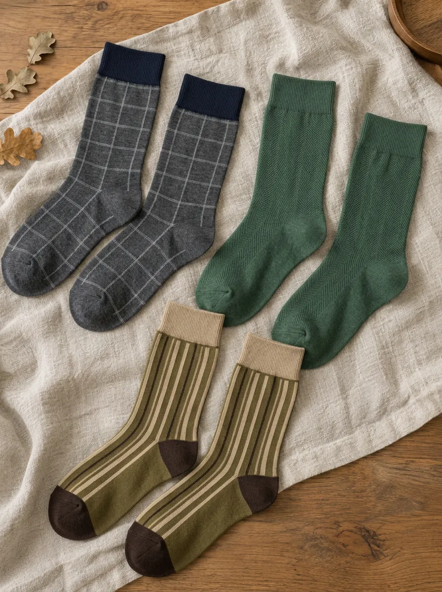 Men's Vintage Style Plaid Herringbone Striped Patterned Crew Socks Set