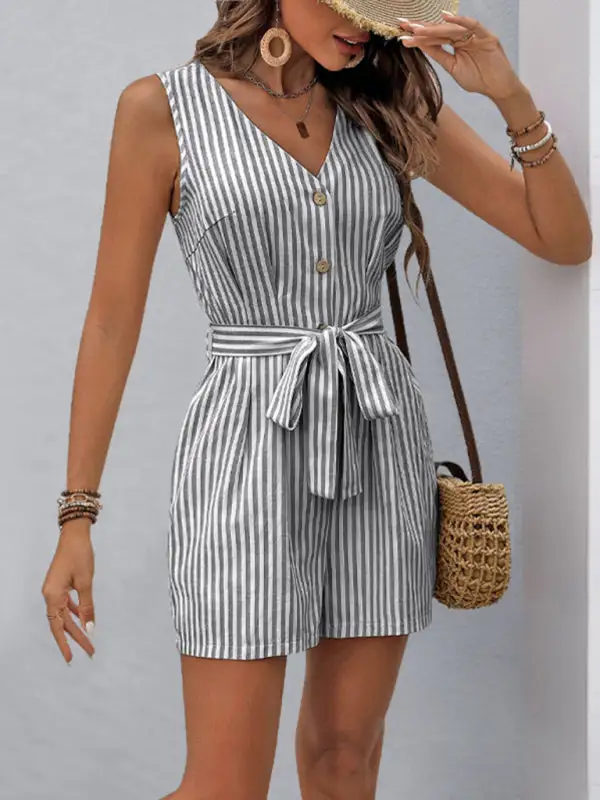 V Neck Sleeveless Striped Jumpsuit