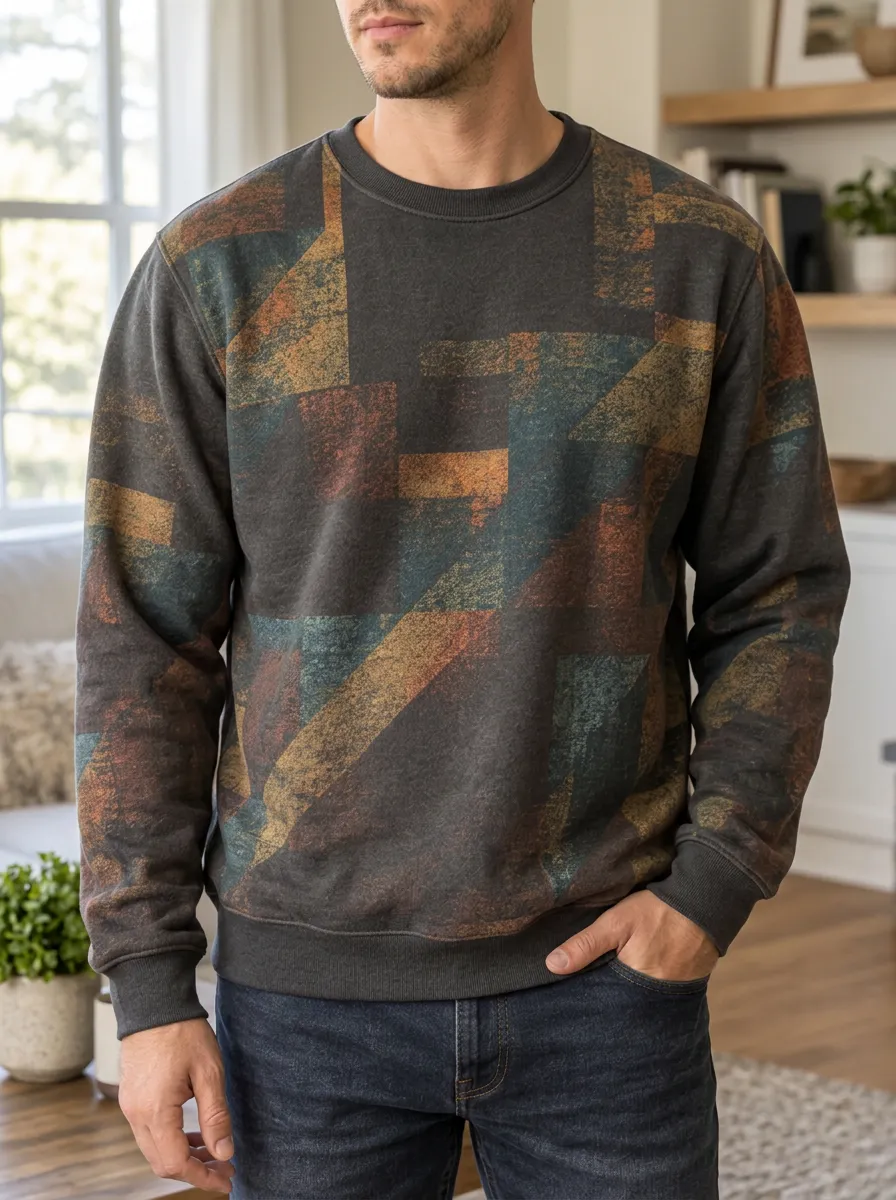 Men's Geometric Print Crewneck Sweatshirt Hiking Textured
