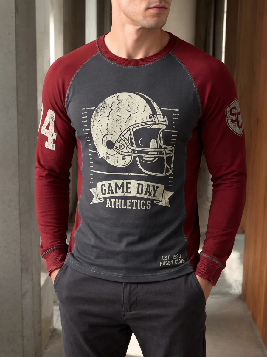 Men's Rugby Lover Game Day Helmet Printed Long Sleeve Top