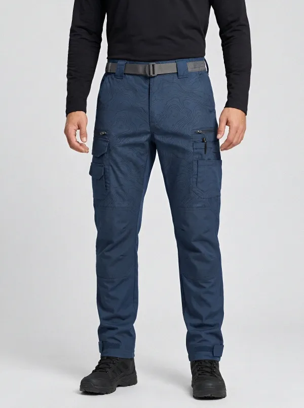 Men's Charcoal Grey Topographic Multi-Pocket Reinforced Knee Adjustable Hem Tactical Cargo Pants