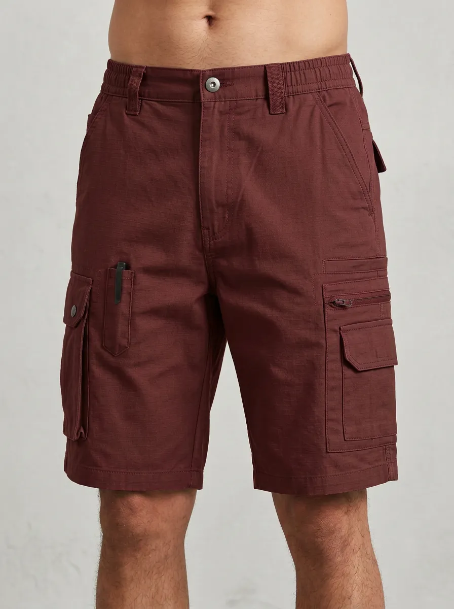 Men's Elastic Waist Snap Cargo Pockets Cargo Shorts