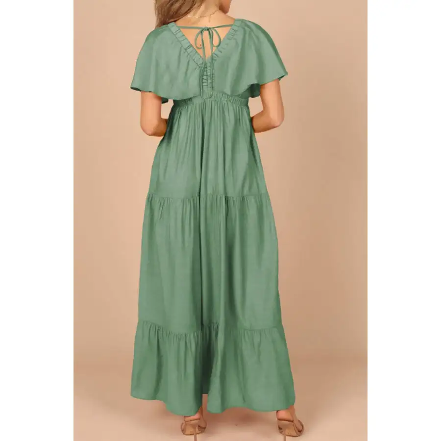 Ruffled V Neck Flutter Sleeve Maxi Dress