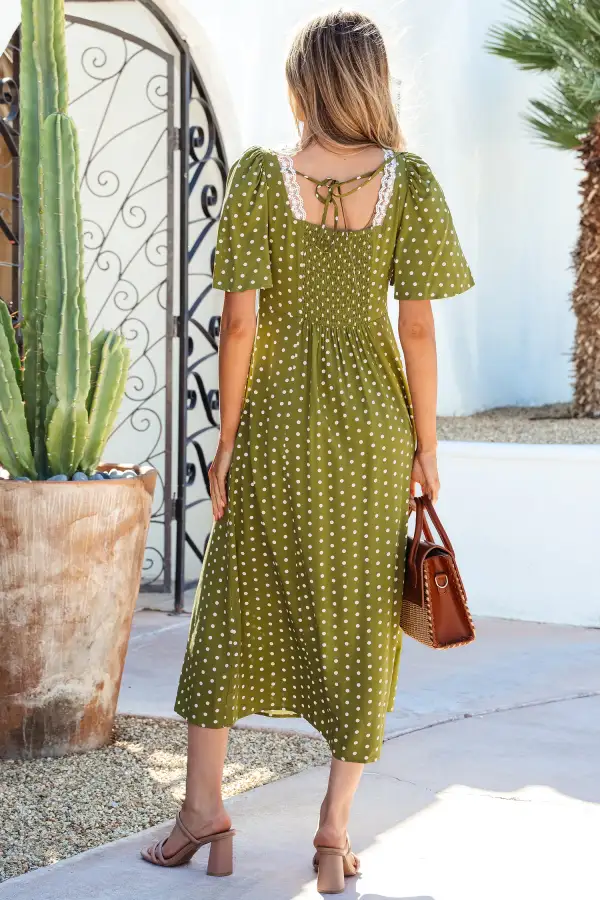 Polka Dot Print Lacy Neckline Smocked High Waist Maxi Dress