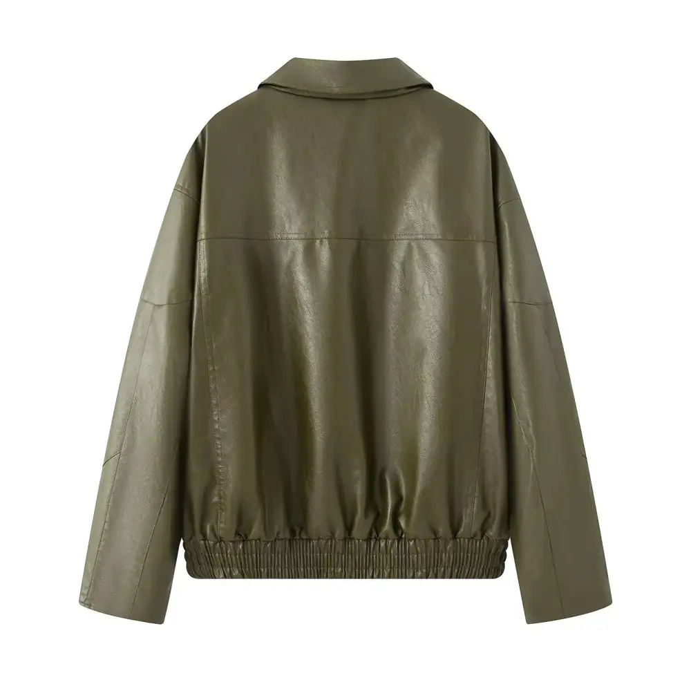 Oversized Faux Leather Zip Front Elastic Hem Bomber Jacket