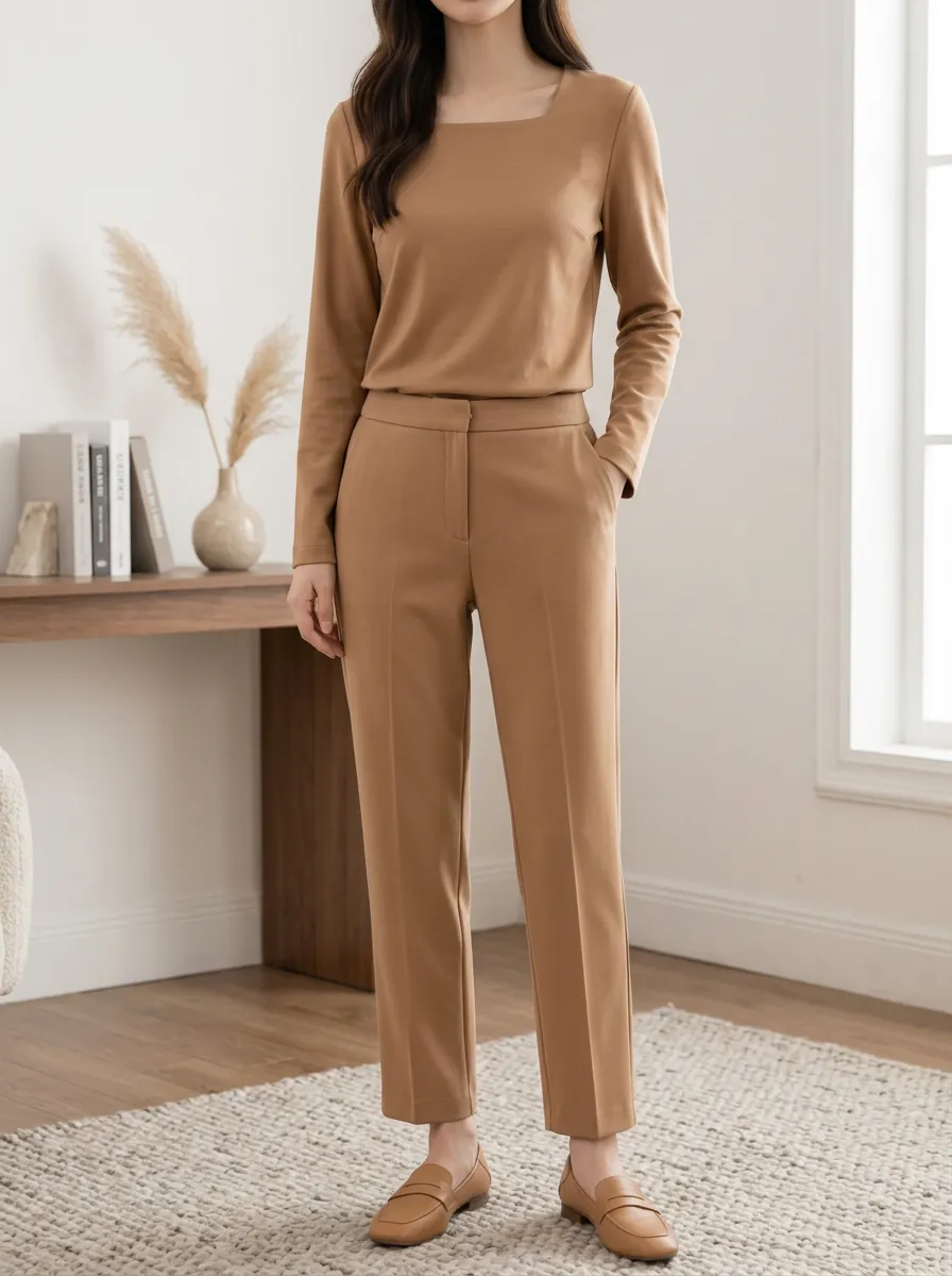 Women's Casual Minimalist Camel Long Sleeve Top and Trousers Set
