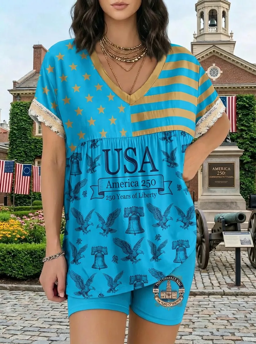 Women's USA 250th Anniversary Eagle Liberty Bell Printed Outfit Set