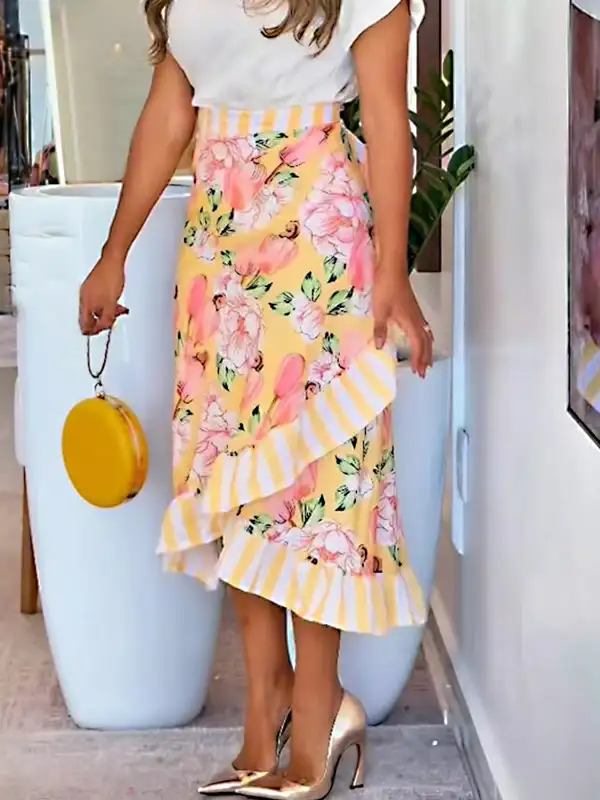 Print Ruffle Hem Midi Skirt