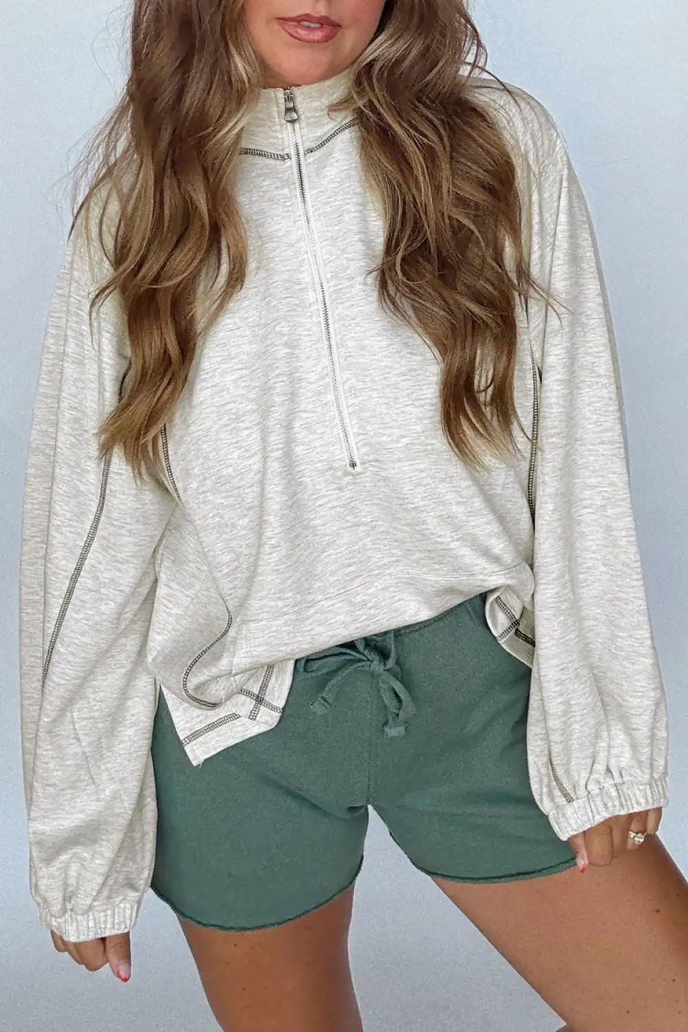 Women's Stand Neck Long Sleeve Zip Detail Top